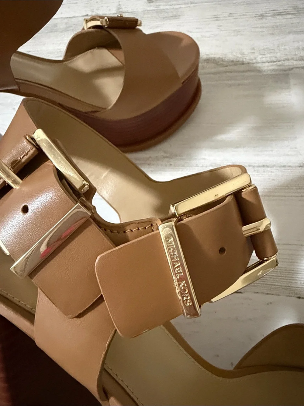 MICHAEL Michael Kors Tan Colby  Platform Block Heel Sandals with Gold Buckles